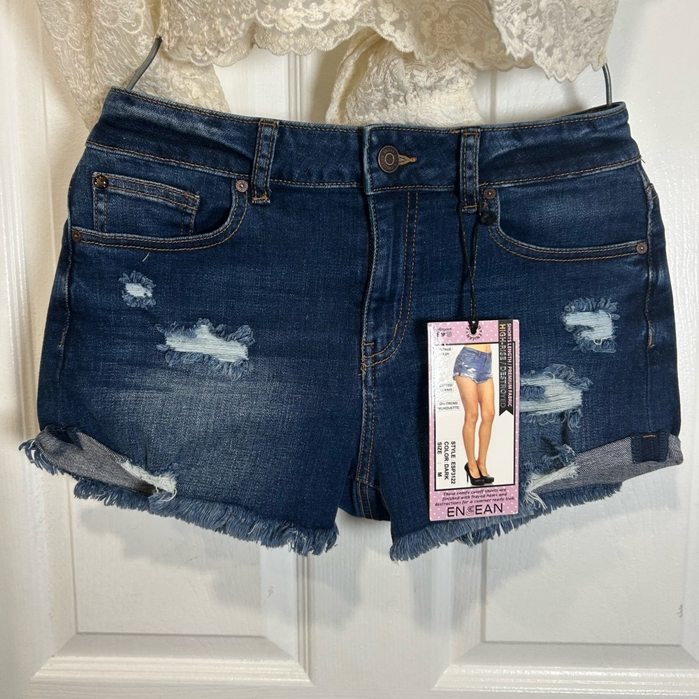 Dark Indigo Distressed Denim Jean Shorts - ENSEAN